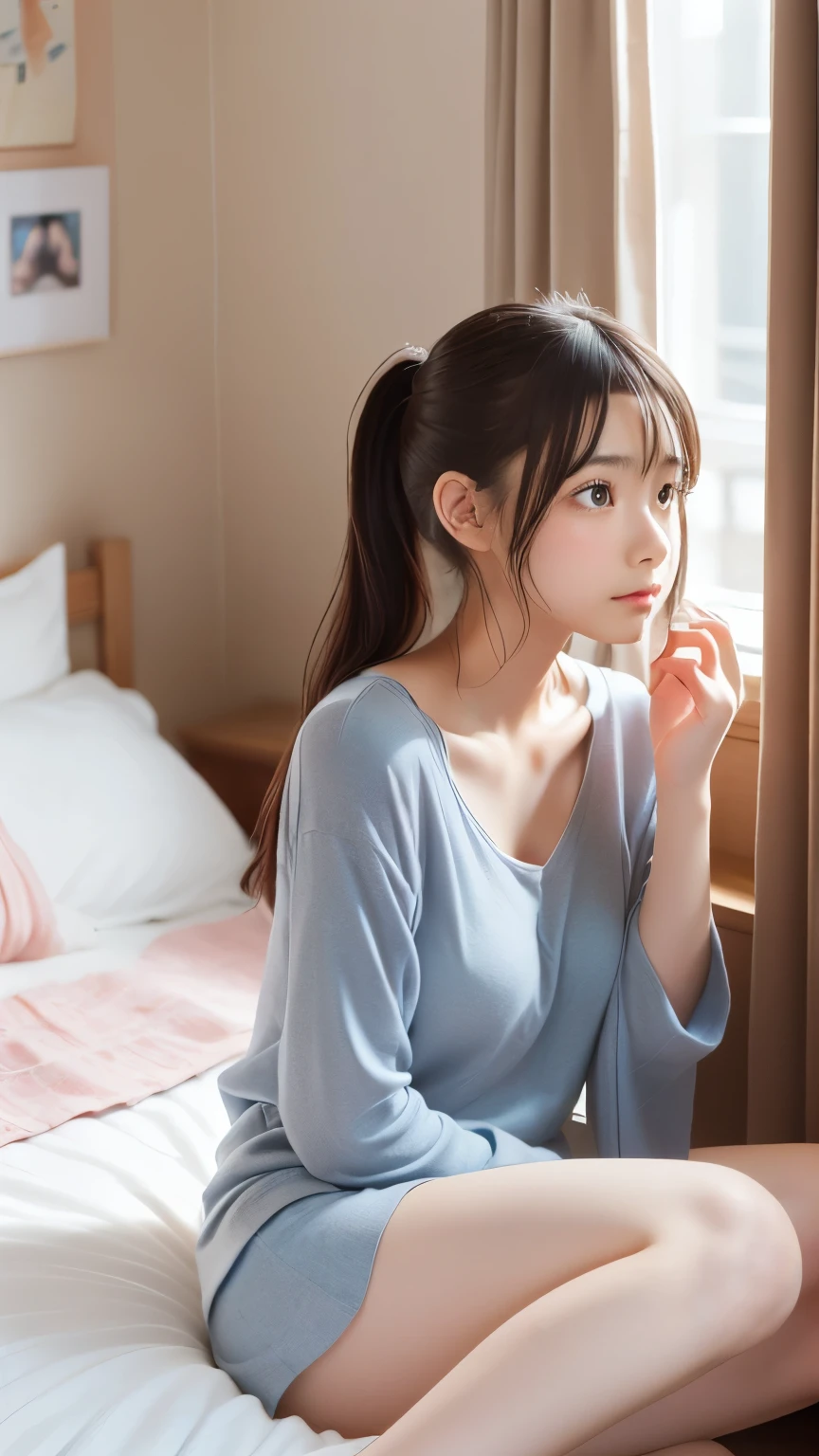 An absurd solution, High resolution, (masterpiece: 1.4), Very detailed, (((Detailed face, Detailed Expression)), Two Girls, Girl and Girl, friend, best friend, Classmate, relax, ponytail, Bob, sitting on bed, Sitting on the floor, Two people having a conversation, Room Background, friend, Relatives and friends, Home, 1k, Small room, curtain, bed, tv set, machine, Loungewear, Kyoto Animation, Kyoto Animationの雰囲気, (Tears in my eyes)