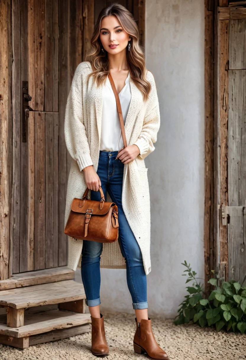 Beautiful woman, beautiful style ,Rustic style, full length , accessories ,bag
