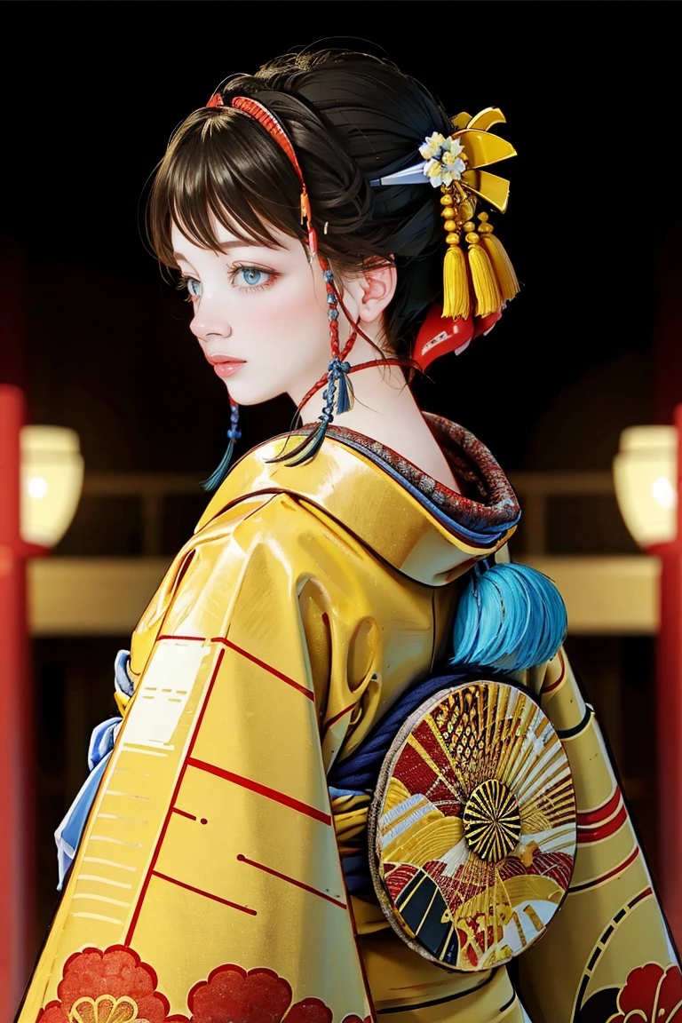 Browsing Caution,
1 Girl, alone, Looking at the audience, smile, blue eyes, Black Hair, hair ornaments, Upper Body, kimono, kimono, From the side, lips, Compensate, Tassel, rope, eye shadow, red kimono, shimenawa, hairpin,