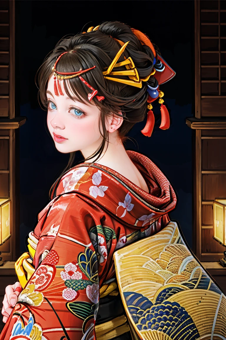 Browsing Caution,
1 Girl, alone, Looking at the audience, smile, blue eyes, Black Hair, hair ornaments, Upper Body, kimono, kimono, From the side, lips, Compensate, Tassel, rope, eye shadow, red kimono, shimenawa, hairpin,