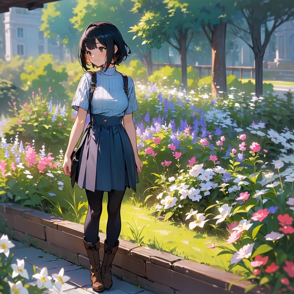 (high quality, High resolution, Very detailed, reality:1.37), Peaceful atmosphere, (Outdoor, garden), age girl standing alone, (my breasts are big.), Beautiful details, Cute Smile, (Black bob hair), Short sleeve ribbed sweater, Blue Skirt, Black tights, Brown boots.