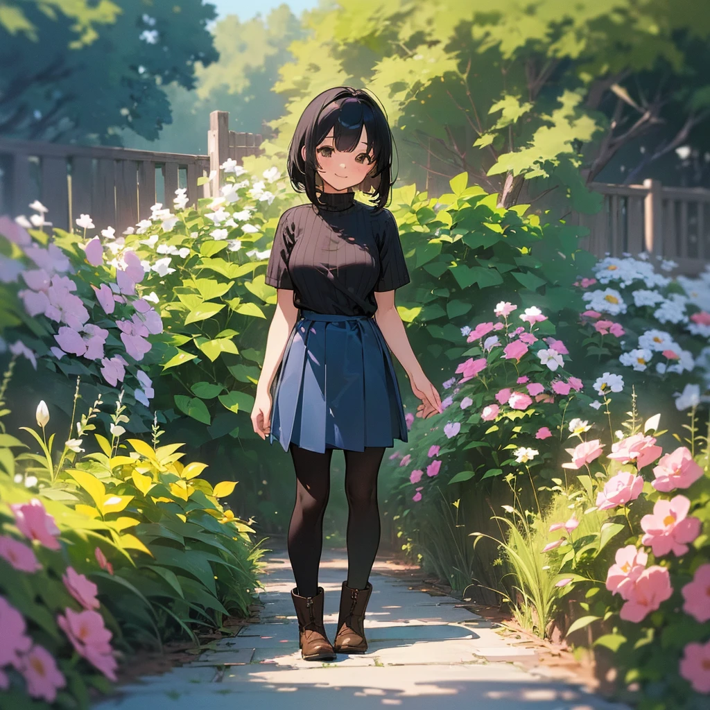(high quality, High resolution, Very detailed, reality:1.37), Peaceful atmosphere, (Outdoor, garden), Teenage girl standing alone, (my breasts are big.), Beautiful details, Cute Smile, (Black bob hair), Short sleeve ribbed sweater, Blue Skirt, Black tights, Brown boots.