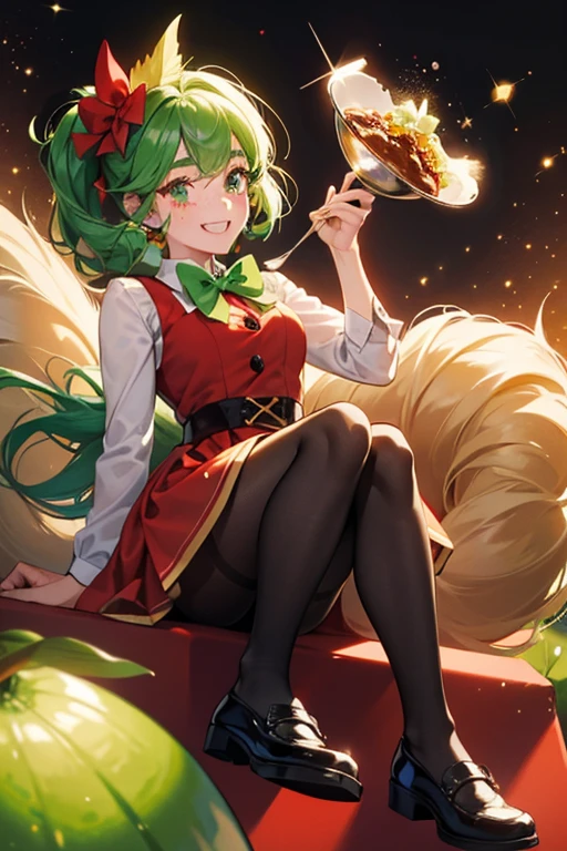 she is an anthropomorphic bowl, who has a large red nose, lime-green bow tie, buck teeth, and three freckles on her cheeks. sHe also wears shiny black shoes, and has a spoon in her noggin. SPARKLE; GLITTER
