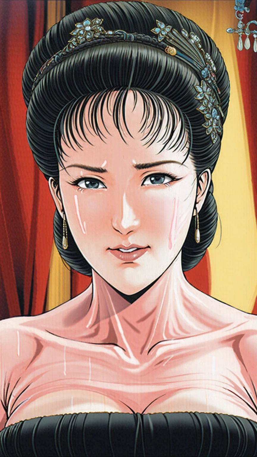 (best quality), (very aesthetic), (ultra-detailed), (best illustration),(a mature female),(perfect face),Suikoden,Mrs. Lin,(((NSFW))),((full_body)),((full_Nude)),(crying),Covers mouth with right hand,red cheek,sweating,skinny,flushed skin,(hairly),(Missionary position sex),(resting the back of her head on a pillow),(She is lying on her back completely naked),traditional Chinese bedroom,over head view