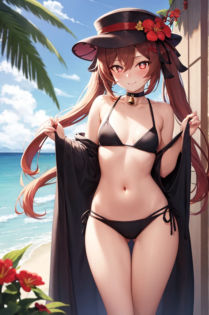 hd,8k,ultra qualty,1girl, ((solo)), hutao_genshin, standing, flower, bare arms, very long hair, long hair, twintails, brown hair, red eyes, stomach, cleavage, choker, sidelocks, symbol-shaped pupils, smile, bikini, on stomach ((flower-shaped pupils)), red bikini, navel, red flower, black choker, bare shoulders, hair ornament, strap slip, hair flower, thighs, day, outdoors, thigh gap, plum blossoms, bell, blush, looking at viewer, ((sky)), blue sky, (beach), sea, sand,((black headwear)) , black hat, black chinese hat, flat chest