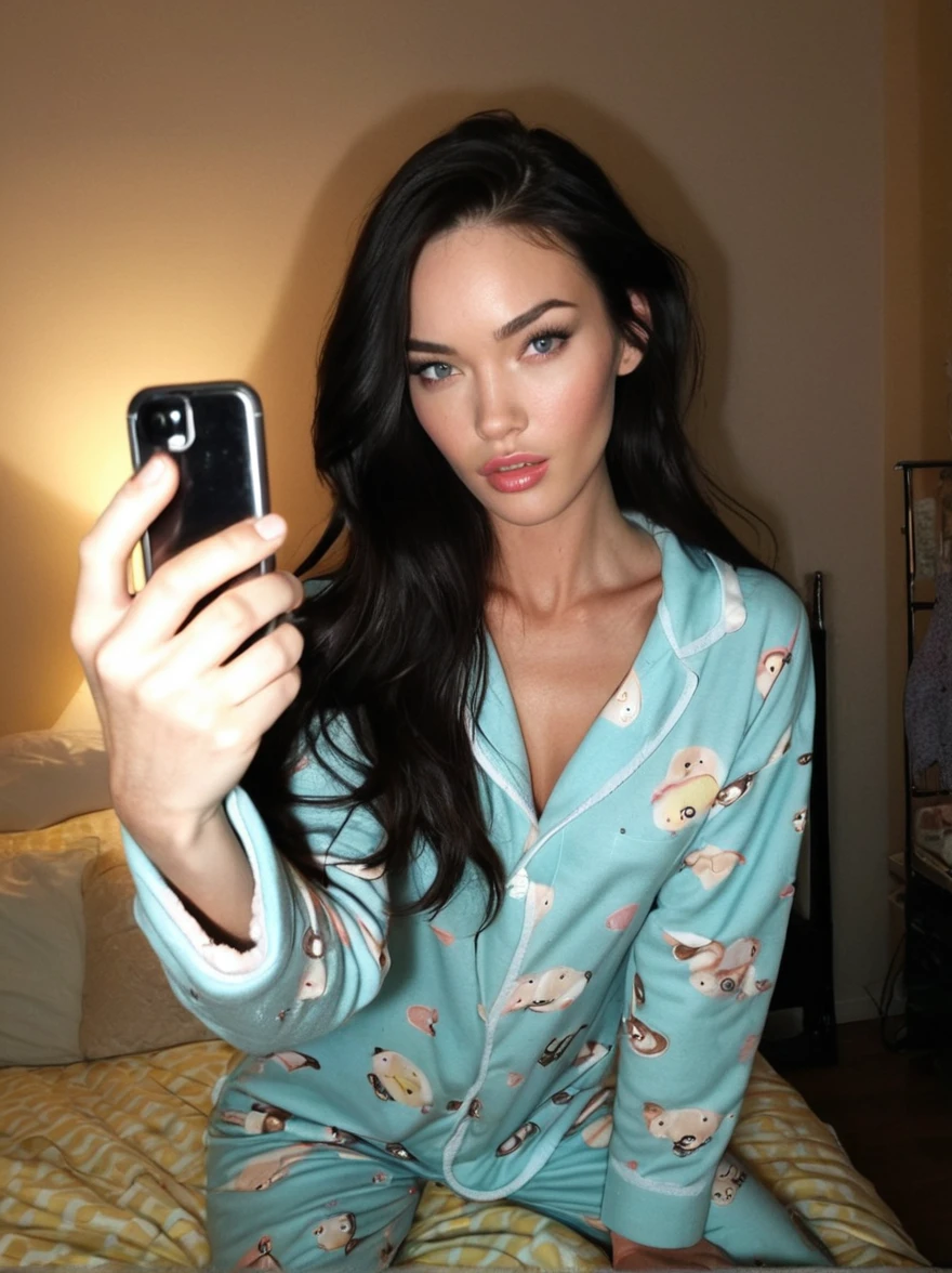 a realistic selfie miror instagram photo of a [ really beautiful exotic androgynous supermodel 19 year old woman] , with [long, dark hair] , looks like [Megan FOX] and [Adriana Lima], light makeup, looking [innocent, cute, flushed] , morning, pyjama bedroom [light] skin --ar 9:16 --stylize 750 --v 6