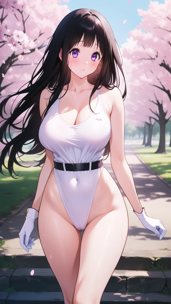 Amazing Chitanda, There is only one beautiful girl,Purple Eyes, Black Hair, Very red face,Very white skin,Glowing skin,Skin as delicate as porcelain,Naturally straight hair, Straight bangs,Extremely refined,Open lips,Long flowing hair,Beautiful Girl, Like a dream,Slim,Slim waist,Soft, (Sensual), (Kawaii), Dream quality,Beautiful big breasts,Transparent belt,Areola,Completely naked,White gloves,Flower decoration,Deep V neckline,Loose neckline,Wide neckline,Walking in school,Place your hands on your inner thighs,Thighs clamp hands,Wet skin,Sweaty and sweaty,Sweating all over,Underwear Rain,Next to the cherry blossom trees,Back to,Lean over,Hips,Side body,Gluteal groove,Completely naked的臀部,Bare back,Completely naked的背部,Light transmission,(no pants),nopan,pussy juice,Bare shoulders,Bare neck,Exposed collarbone,Exposing breasts,Exposing breasts侧面,Exposing breasts下面,Show your waist,Show your buttocks,Show your thighs,Exposing the groin,(No pants),extremely shy,Ultra-high resolution, (masterpiece:1.2, best quality), (Delicate and beautiful eyes: 1.2), (Beautiful and delicate face)