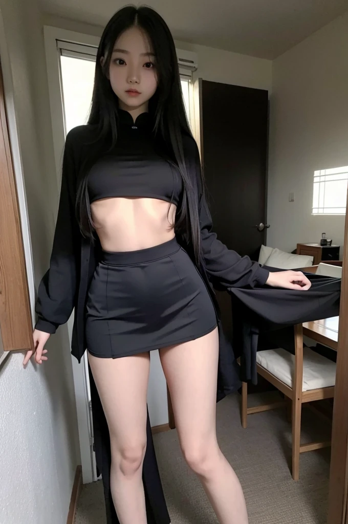 Skinny and sexy Chinese ager with long hair and giant breasts wearing only a black skirt, no shirt, full body