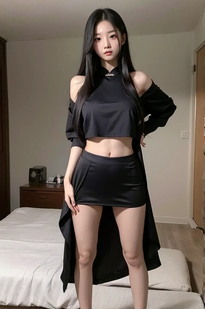 Skinny and sexy Chinese teenager with long hair and giant breasts wearing only a black skirt, no shirt, full body