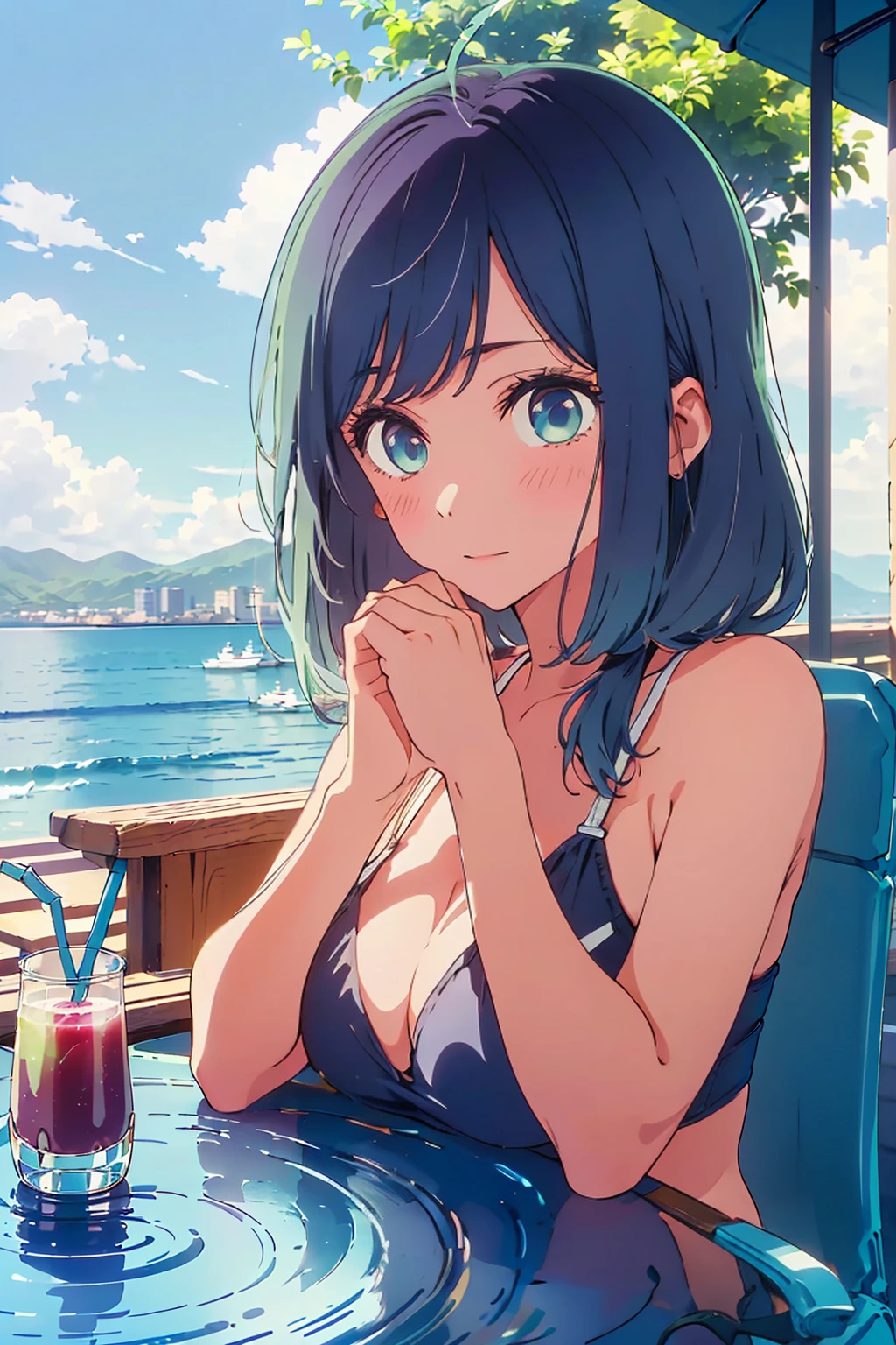 (Highest quality:1.4、8K:1.4、detailed)、F cup bust、Big Breasts、Slim body、Very white beautiful skin、((((1 person、Surprised expression、sit、Chair、In the background are the urban buildings of Tokyo、looking at the camera、Outdoor café terrace、coastal、Navy hair color、juice、White side string high leg bikini、Shooting from a distance、table、Very cute face))))、(Pose of putting hair behind ears with hands:1.4、Low ponytail:1.4)、Very blue sky、A completely cloudless sky