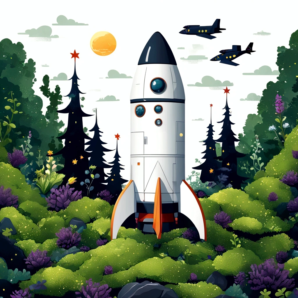 1 pzsj1, (flat, User interface vector style), (Space World),nature,(A vague but strong-willed robot sitting on moss and using a computer:1.3),(Coffee lover),(Sitting:1.2),Hide your hair,Wearing a white T-shirt,A distant audience,Gothic,(Relaxation Scene),(Gothic舞台:1.5),(digital bloomの月),Gothic元素,苔と川とnature,warm,cool, (Simple illustration), (Smoothing lineart: 1.2), (Minimalism), White Background, (Graphic design aesthetics), (flat illustration), (rocket illustration)