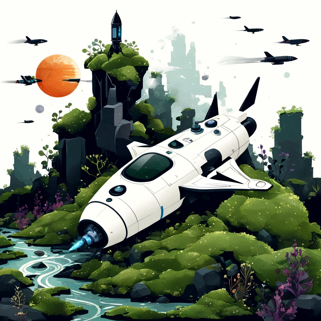 1 pzsj1, (flat, User interface vector style), (Space World),nature,(A vague but strong-willed robot sitting on moss and using a computer:1.3),(Coffee lover),(Sitting:1.2),Hide your hair,Wearing a white T-shirt,A distant audience,Gothic,(Relaxation Scene),(Gothic舞台:1.5),(digital bloomの月),Gothic元素,苔と川とnature,warm,cool, (Simple illustration), (Smoothing lineart: 1.2), (Minimalism), White Background, (Graphic design aesthetics), (flat illustration), (rocket illustration)