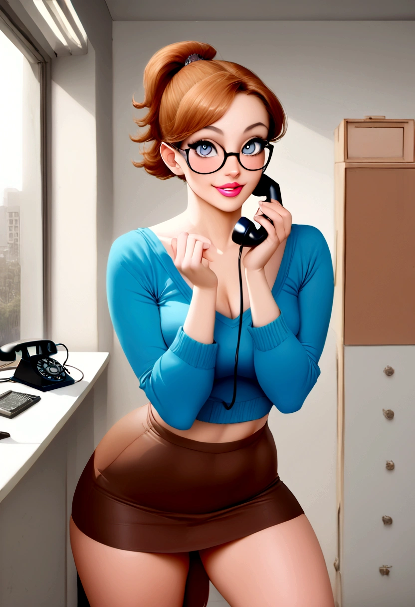 retro 80s cartoon,masterpiece, Best Quality, extreme detail, 1girl, standing, young, Irma, blue_pullover, pullover crop top,long neck,short ponytail, high tail,brown miniskirt, glasses, blush detailed single background, looking at the viewer,pretty eyes, very big eyes,eyes wide open,beautiful eyes, long lashes, inside,full lips, bright lips,funny Face, girl making a call on retro phone , beautiful woman, realistic face, bright Eyes, realistic eyes,espectacular background, office, office de Periodista Realista, realistic background, happy smile, retro phone call, waifu,showing thighs,medium body portrait,detailed hands, ultra realistic hands, whole body, getting fucked, huge penis inside her, covered in cum