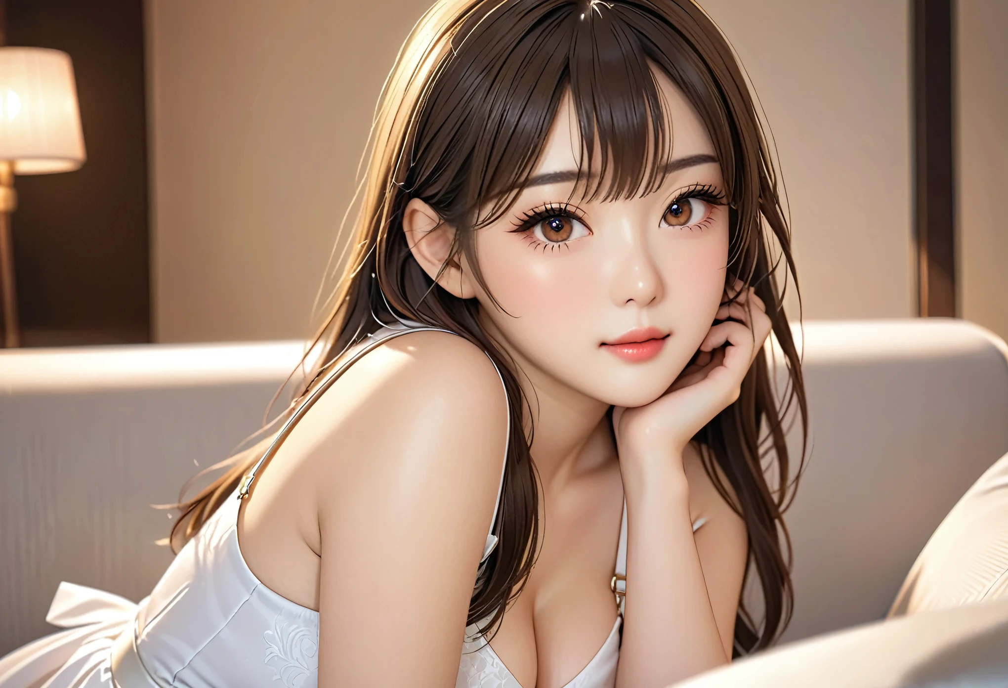 masterpiece，1 beautiful girl， (Reality: 1.4)，Japanese，Asian Beauty，Super beautiful，beautiful skin，Thin，(超Reality的)，(High resolution)，(8K)，(Very detailed)，(Super detailed)，big eyes，Half-closed eyes，Brown eyes，Long eyelashes，Detailed face，Lip Gloss，Bright lights，professional lighting，looking at camera，Half smile，Direct vision，long hair，brown hair，hotel，Nogizaka Idol，actor，20 years old，Large Breasts，Moist skin，White suspender skirt，Cleavage cut，baby face，Moisturizing and realistic skin texture，moist lips，Natural shades，Sit on the sofa in the living room and spread your legs，hotel，