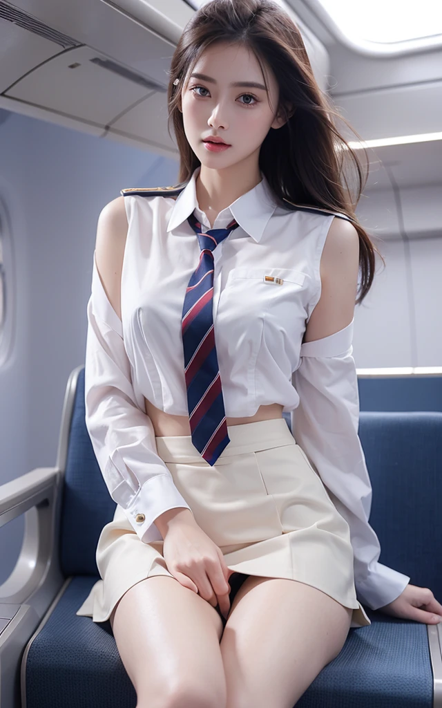 Highest quality, masterpiece, 8K, Ultra-high resolution, (Photorealistic:1.4), One Girl、Beautiful Face、Symmetrical eyes、huge 、Perfect Body Proportions、Stewardess Uniform, (Micro Skirt), Look at the viewers、(Inside the plane:1.2)、View from the front、shoulder、Long legs(1.3)、