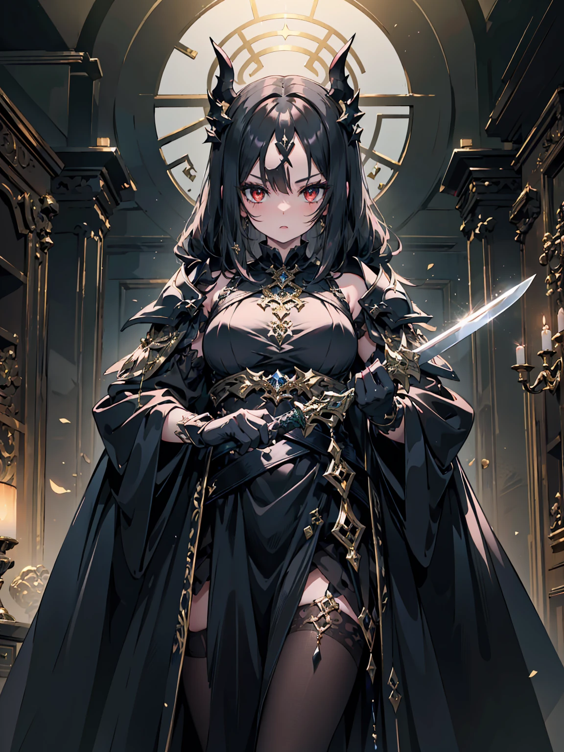 ((masterpiece, best quality, 8k))An opulent and dark artwork of a devilishly beautiful female character in a sinister, opulent environment. She wears clothes of black and gold, exuding an aura of luxurious darkness. Her long black hair and scarlet eyes are mesmerizingly beautiful. She wields a cursed blade, enhancing her dangerous allure.