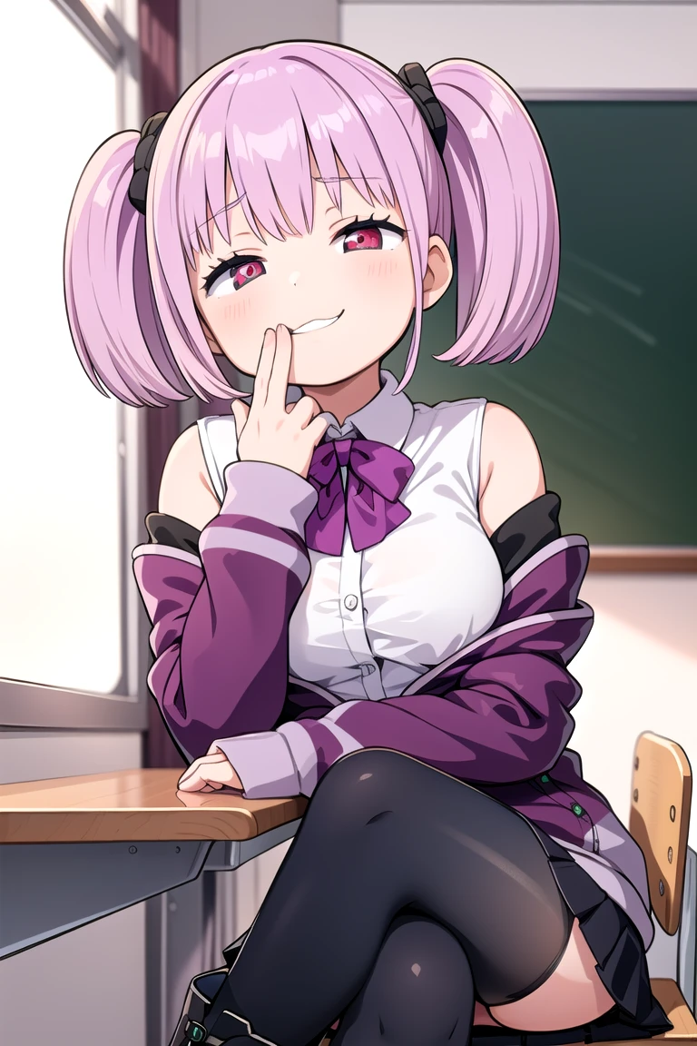 1girl, grin, :3, twintails, upper body, hand to own mouth, looking at viewer, half-closed eyes, hoodie, pink hair, blue eyes,Masterpiece, Best quality, A high resolution, Akane Shinjo, 1girll, Solo, Pantyhose, shirt, bow, Skirt, purple jacket, Jacket, White shirt, Long sleeves, Short hair, Black skirt, Collared shirt, Black pantyhose, Open clothes, neck bowtie, Purple bow, Breasts, bangs, Red eyes, Pleated skirt, cropped shoulders, Open jacket, sleeves past wrists, Light purple hair, Purple bow tie, Miniskirt, Cowboy shot, Classroom,((crossed legs)), boots,