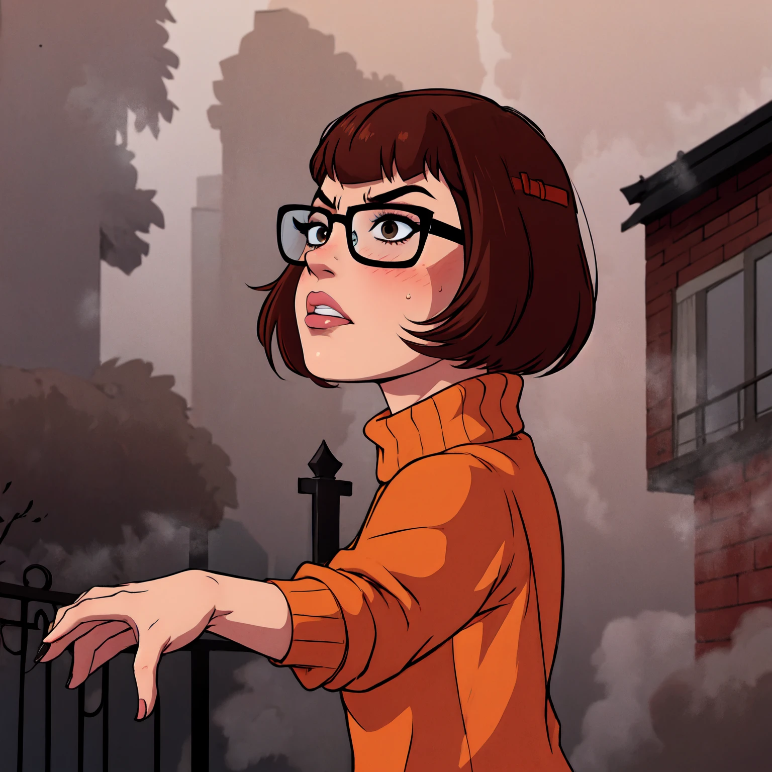 1girl, Velma from scooby-doo, solo, skinny, brown hair, black eyes, square glasses, orange turtleneck blouse and red skirt,  eyeliner, looking at viewer, lips, black bob cut, blunt bangs, blush, standing, upper body, face focus, outdoors, horror \(theme\), night, fog egirlmakeup, angry, backwards, looking back, terror background