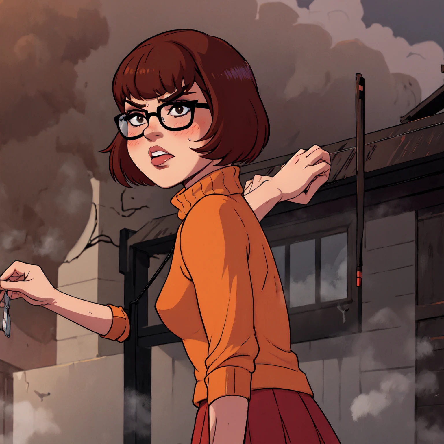 1girl, Velma from scooby-doo, solo, skinny, brown hair, black eyes, square glasses, orange turtleneck blouse and red skirt,  eyeliner, looking at viewer, lips, black bob cut, blunt bangs, blush, standing, upper body, face focus, outdoors, horror \(theme\), night, fog egirlmakeup, angry, backwards, looking back, terror background