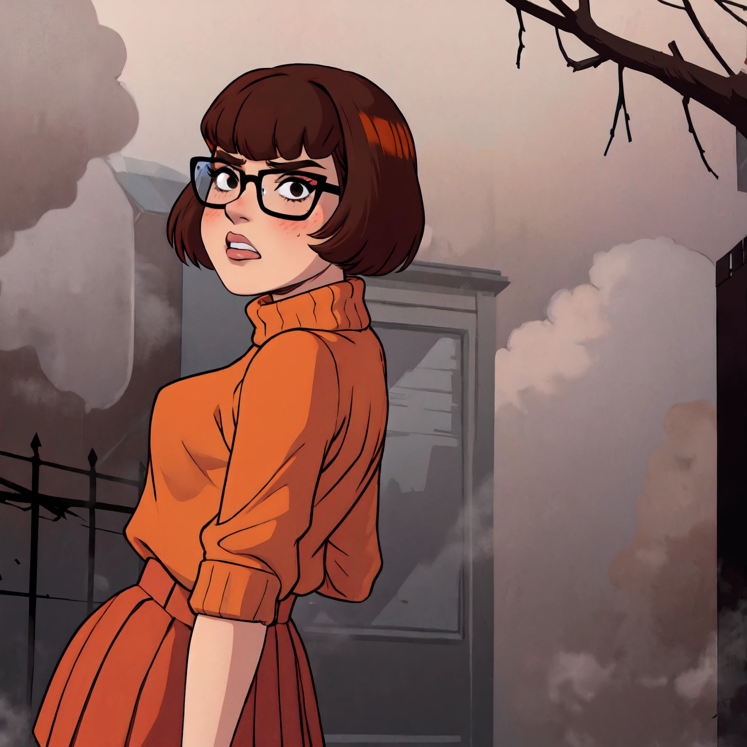 1girl, Velma from scooby-doo, solo, skinny, brown hair, black eyes, square glasses, orange turtleneck blouse and red skirt,  eyeliner, looking at viewer, lips, black bob cut, blunt bangs, blush, standing, upper body, face focus, outdoors, horror \(theme\), night, fog egirlmakeup, angry, backwards, looking back, terror background