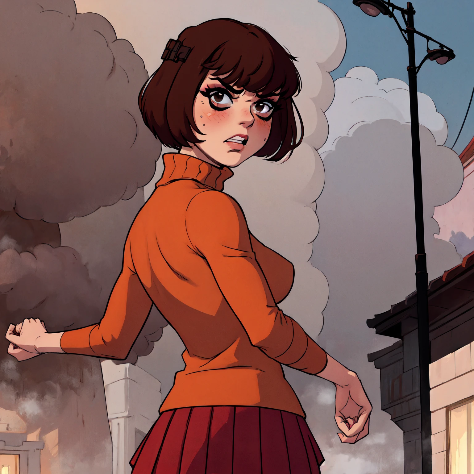 1girl, Velma from scooby-doo, solo, skinny, brown hair, black eyes, square glasses, orange turtleneck blouse and red skirt,  eyeliner, looking at viewer, lips, black bob cut, blunt bangs, blush, standing, upper body, face focus, outdoors, horror \(theme\), night, fog egirlmakeup, angry, backwards, looking back, terror background