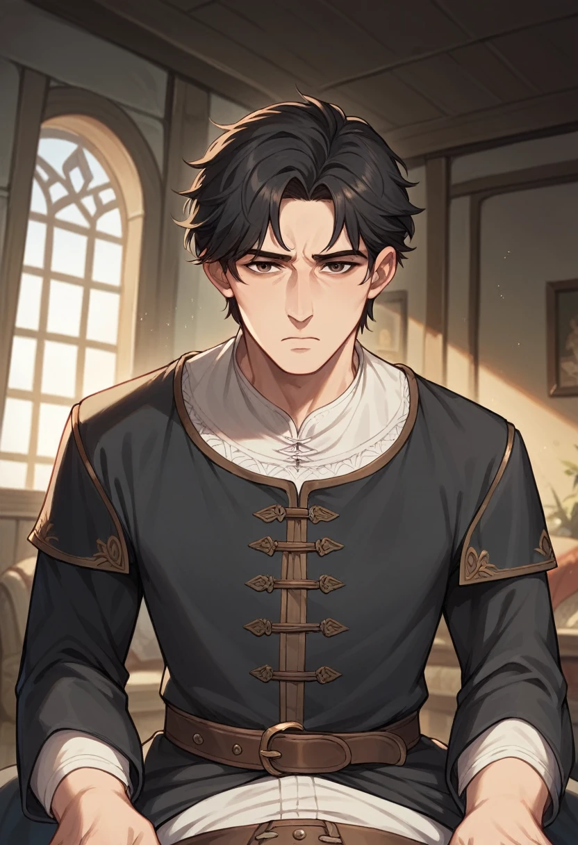 {{upper body, dutch angle}} {{Artist: sincos}} 1male, mature male, black hair, short hair, brown eyes, depressed expression, black jacket, brown belt, indoors, living room, sitting, pov, medieval fantasy.