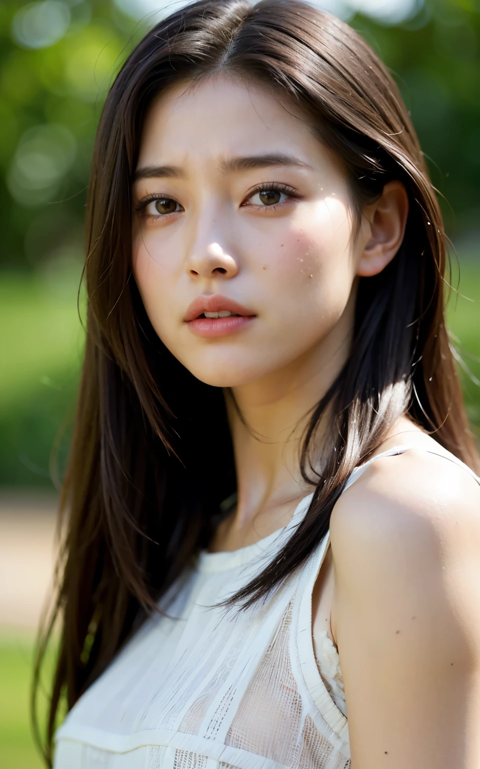 (RAW Photos, Highest quality), (Realistic, Photorealistic:1.3), Tabletop, Crying face, Very delicate and beautiful, Soft Light, (Brown Hair, Straight shoulder-length hair fluttering in the wind), Beautiful detailed girl, (Detailed fingers), Highly detailed eyes and face, Beautifully detailed nose, Beautiful attention to detail, 1 Girl, Japanese, Pure beauty, cute, (Half Body:1.3), Realistic face, Realistic body,