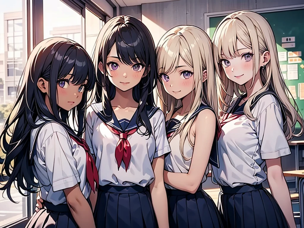 body 8 times longer than head, (Highly detailed CG unity 8k), (highest quality)(very detailed)(ultra high resolution), High school girl wearing a navy sailor suit, Anime 2D rendering, realistic young anime high school girl,light smile, purple eyes, small breasts, tall, slanted eyes, school scenery, bright color, Dark blue skirt,nsfw, nude,3 girl,