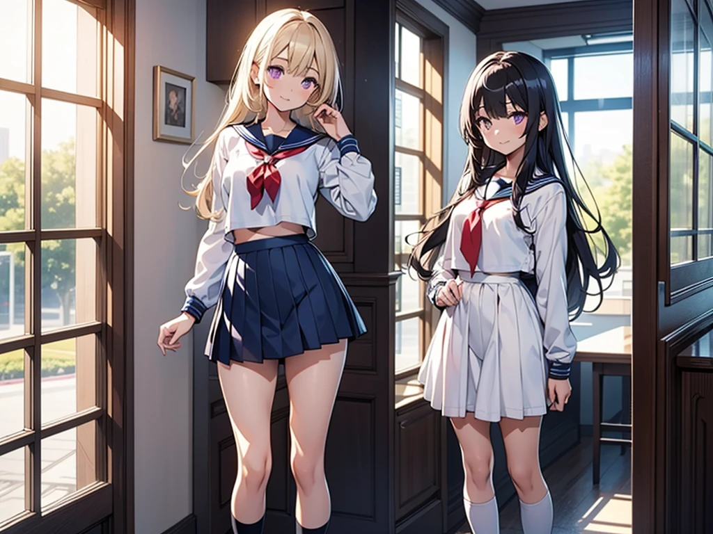 body 8 times longer than head, (Highly detailed CG unity 8k), (highest quality)(very detailed)(ultra high resolution), High school girl wearing a navy sailor suit, Anime 2D rendering, realistic young anime high school girl,light smile, purple eyes, small breasts, tall, slanted eyes, school scenery, bright color, Dark blue skirt,nsfw, nude,3 girl,