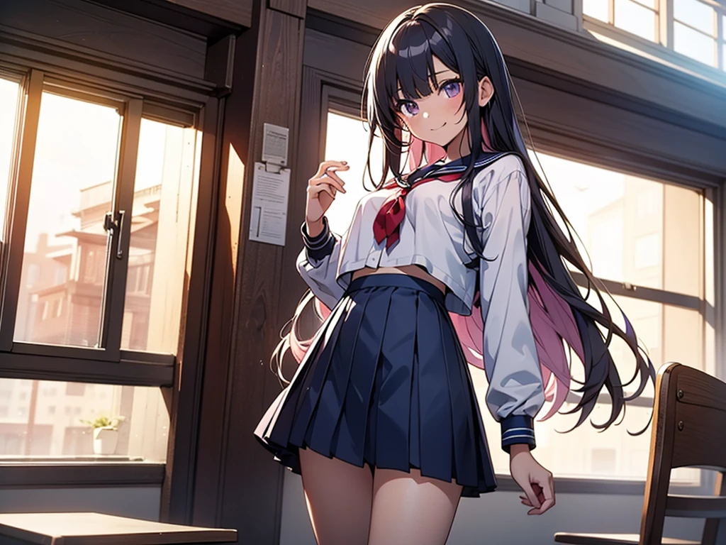 body 8 times longer than head, (Highly detailed CG unity 8k), (highest quality)(very detailed)(ultra high resolution), High school girl wearing a navy sailor suit, Anime 2D rendering, realistic young anime high school girl,light smile, purple eyes, small breasts, tall, slanted eyes, school scenery, bright color, Dark blue skirt,nsfw, nude,3 girl,