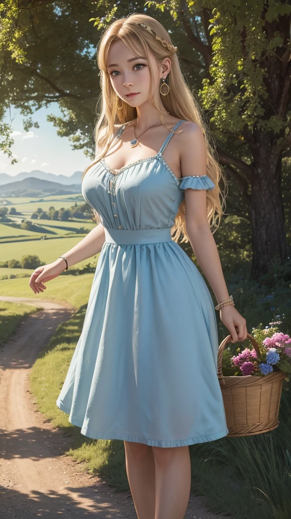 Dorothy from “The Wizard of Oz” embarks on an adventure in a real countryside. Her surprised expression, the shine of the basket she holds, and the landscape of the countryside behind her are impressive. 8K , HD, highly detailed, realistic, photography, photo realism --ar 9:16 -- at 6.0 --s 750,,19 years old, alone, Long Hair, View your viewers, Blonde, Brown eyes, gem, whole body, Realistic, Sexy、Big Breasts 、stockings、clip on earrings,pendant,bracelet,embarrassed,blush,princess dress
