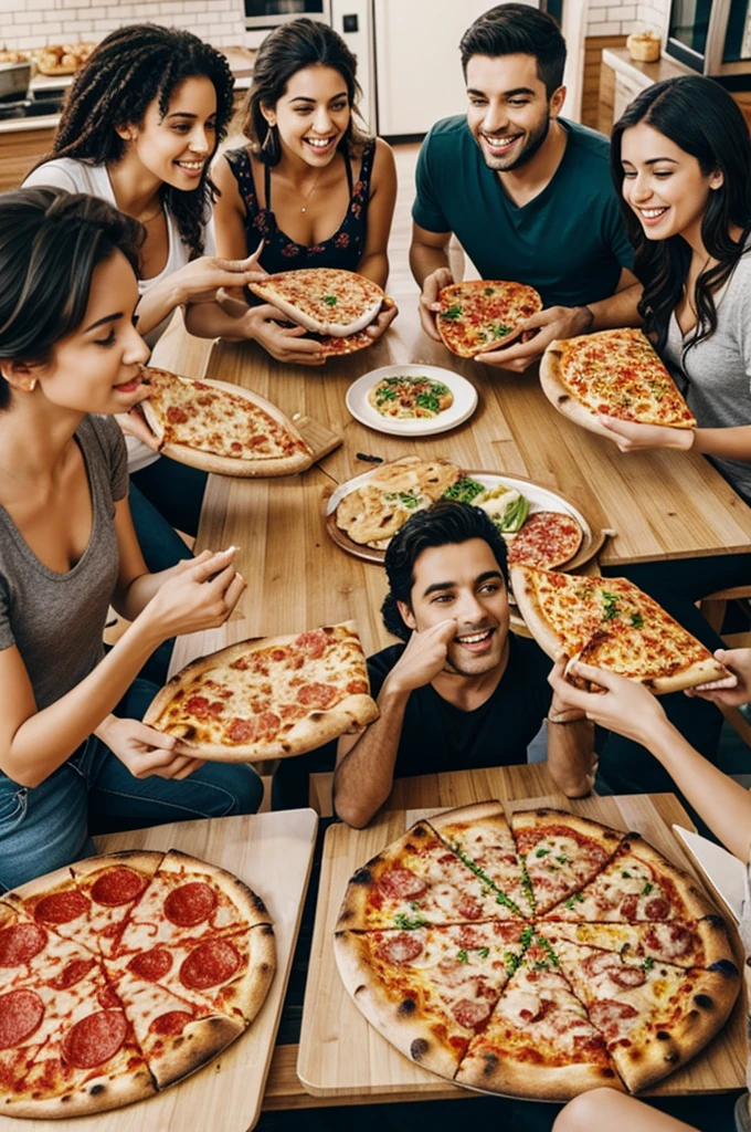 Several friends eating pizza 