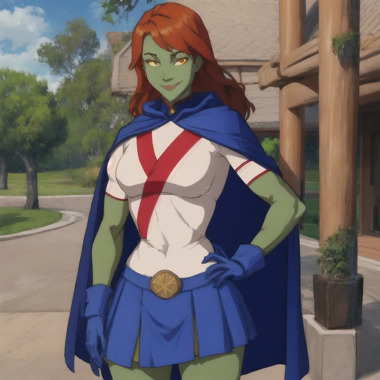 8k,highres,absurdres,masterpiece,best quality,original,extremely detailed CG,extremely detailed wallpaper,perfect, MissMartianYJ, girl1, solo, orange eyes, green skin, hair, White shirt, red X logo, blue gloves, blue cape, long cape, short sleeves, blue skirt, smile. Park