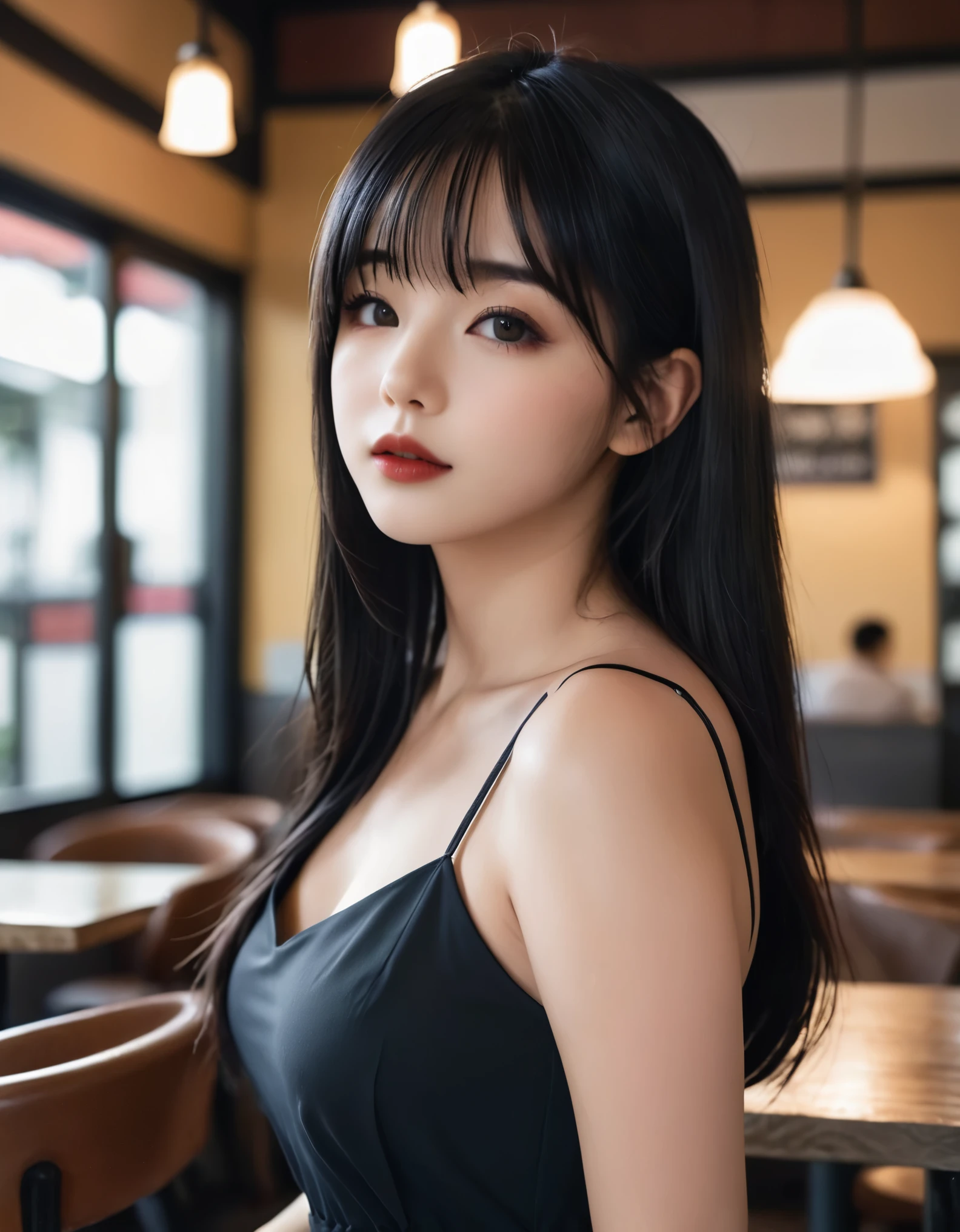 a girl，cute and pretty face，Long straight black hair，Long bangs covering eyes，long eyelashes，(Fine eyes)，small eyes，(half-closed eyes)，(Dark lipstick)，(Dark eyeshadow)，Slim body，Large breasts，Slender limbs，spaghetti strap dress，Inside an old coffee shop，clean focus，shallow Depth of Field，Ultra-detailed faces，very beautiful face，Extremely high texture skin，Look to viewer，little smirk，beautiful legs，seductive，femainine pose，(realistic ，realistic-photo，RAW photo，8K original)，lens flare，film grain，artistic photography，UHD，highres，masterpiece，retina，