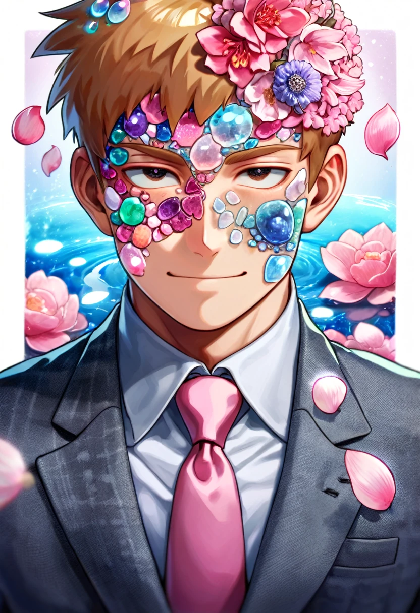 Ultra detailed, Highres, absurdres, HDR, Reigen Arataka, short reddish-blond hair, expressive dark brown eyes, MOB PSYCHO 100, fantasy, petals, dark grey business suit with a pink tie, handsome, sexy man, solo, very detailed eyes and face, master piece, pink flowers, blossoms, pink petals, magical, water, handsome smile, shining blue fireflies,