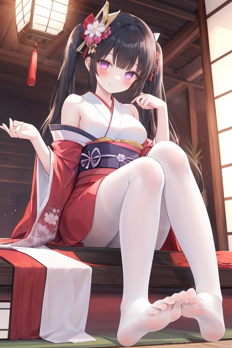 1girl,twintails,feet,pantyhose,long_hair,black_hair,solo,foot_focus,soles,white_pantyhose,looking_at_viewer,no_shoes,mask,japanese_clothes,hair_ornament,smile,purple_eyes,toes,from_below,kimono,sash,bare_shoulders,bangs,mask_on_head,lantern,blush,red_kimono,obi,breasts,closed_mouth,red_dress,leg_up,dress,pink_eyes,foreshortening,black pantyhose