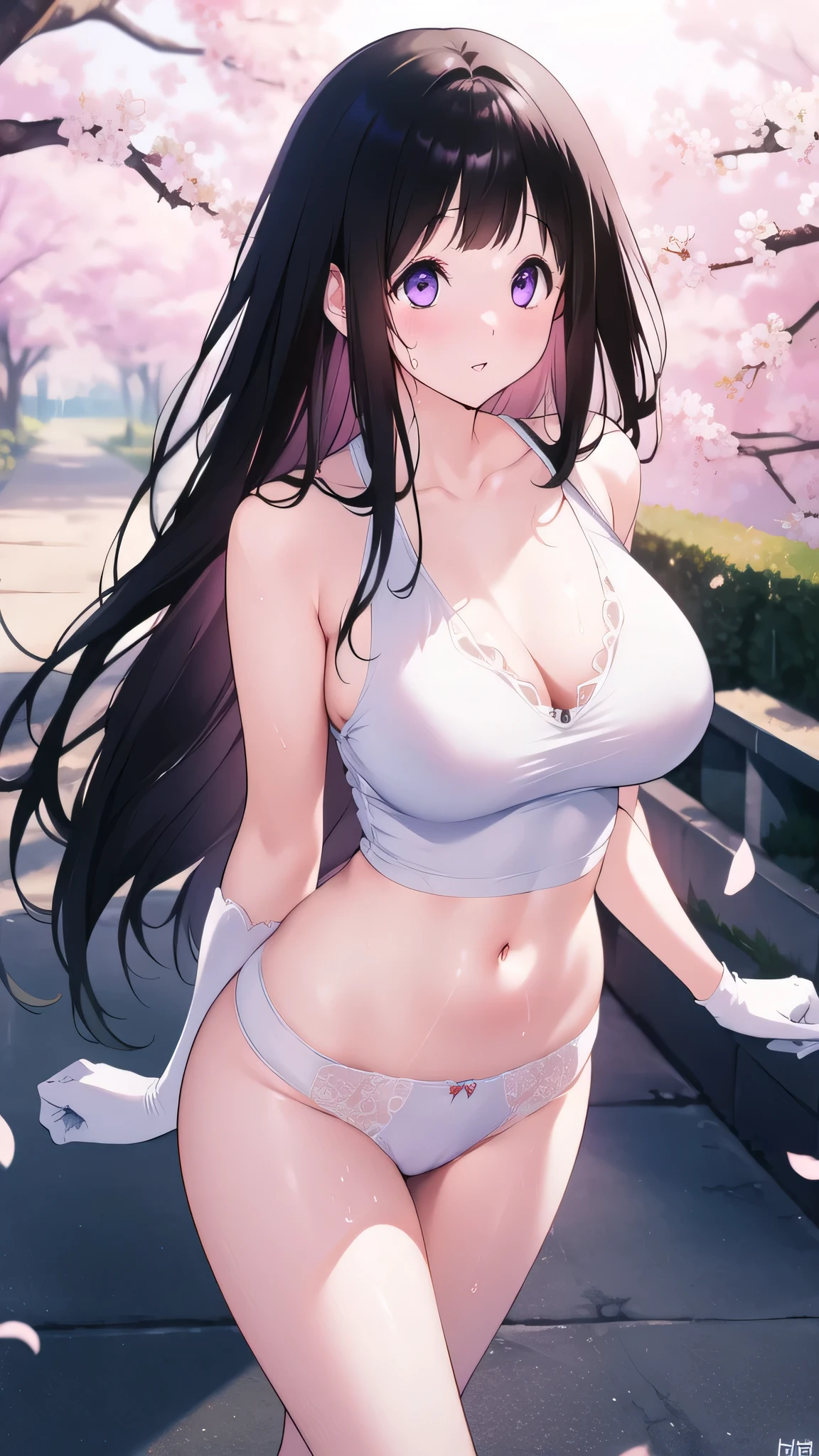 Amazing Chitanda, There is only one beautiful girl,Purple Eyes, Black Hair, Very red face,Very white skin,Glowing skin,Skin as delicate as porcelain,Naturally straight hair, Straight bangs,Extremely refined,Open lips,Long flowing hair,Beautiful Girl, Like a dream,Slim,Slim waist,soft, (sensuous), (Kawaii), Dream quality,Beautiful big breasts,Transparent belt,areola,Completely naked,White gloves,Flower decoration,Deep V neckline,Loose neckline,Wide neckline,Walking in school,Place your hands on your inner thighs,Thighs clamp hands,Wet skin,Sweaty and sweaty,Sweating all over,Underwear Rain,Next to the cherry blossom trees,Back to,Lean over,Hips,Side body,Gluteal groove,Completely naked buttocks,Bare back,Completely naked back,Light transmission,(no pants),nopan,pussy juice,Bare shoulders,Bare neck,Exposed collarbone,Exposing breasts,Exposing breasts side,Exposing breasts,Show your waist,Show your buttocks,Show your thighs,Exposing the groin,(No pants),extremely shy,Ultra-high resolution, (masterpiece:1.2, best quality), (Delicate and beautiful eyes: 1.2), (Beautiful and delicate face)