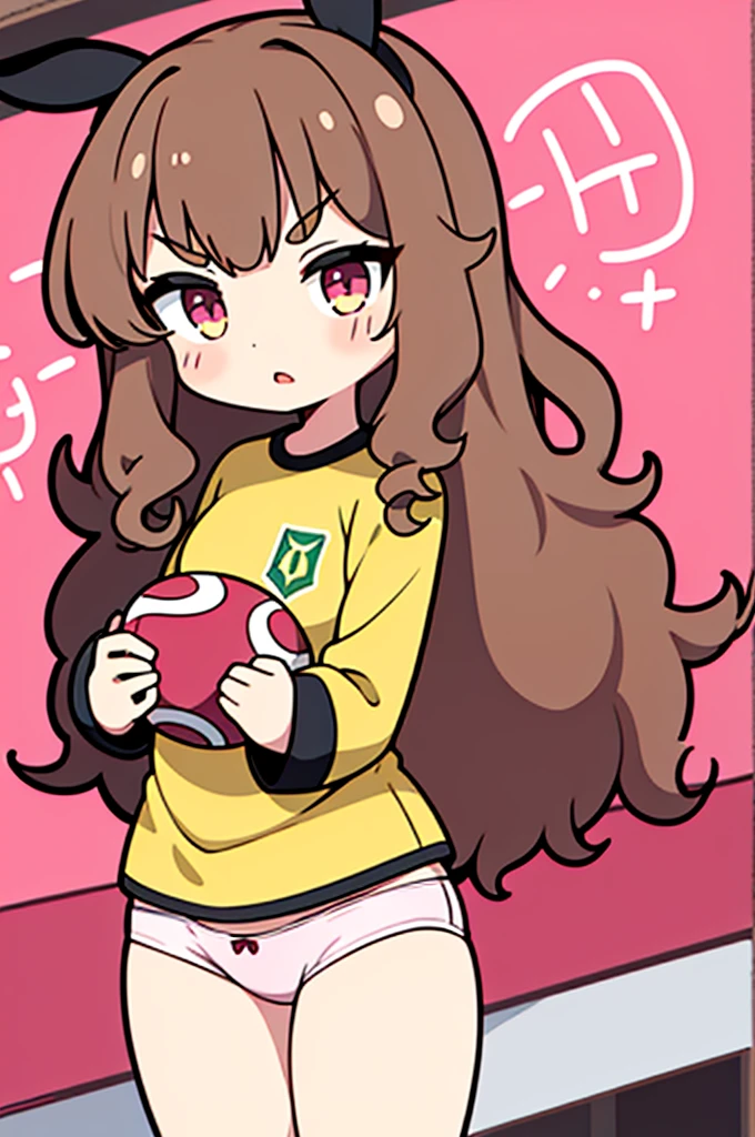 18 year old girl, large eyes, big eyelashes, thin eyebrows, half full cheeks, thick lips, curly brown hair, Brazilian long-sleeved football shirt with number 10, showing the ass, pink panties, long white socks, in dog pose