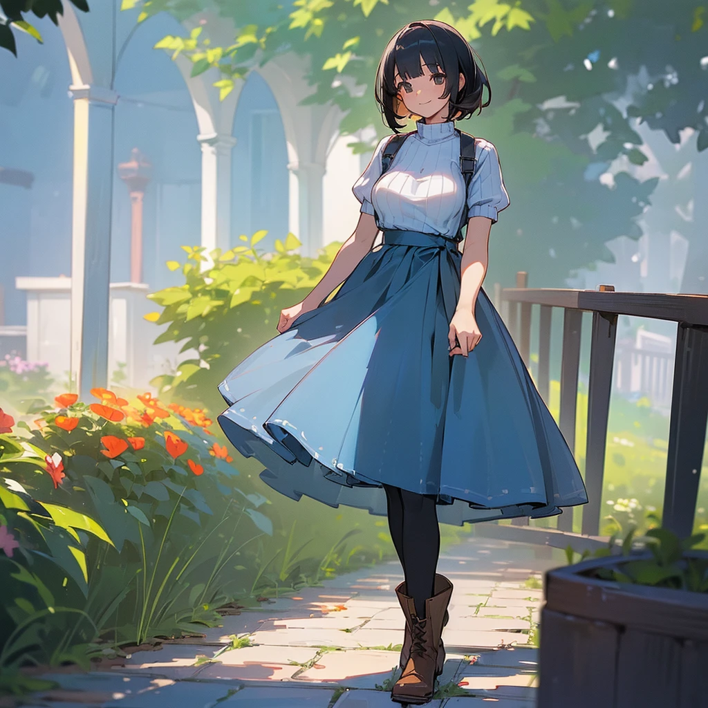 (high quality, High resolution, Very detailed, reality:1.37), Peaceful atmosphere, (Outdoor, garden), Teenage girl standing alone, (my breasts are big.), Beautiful details, Cute Smile, (Black bob hair), Short sleeve ribbed sweater, Blue Skirt, Black tights, Brown boots.