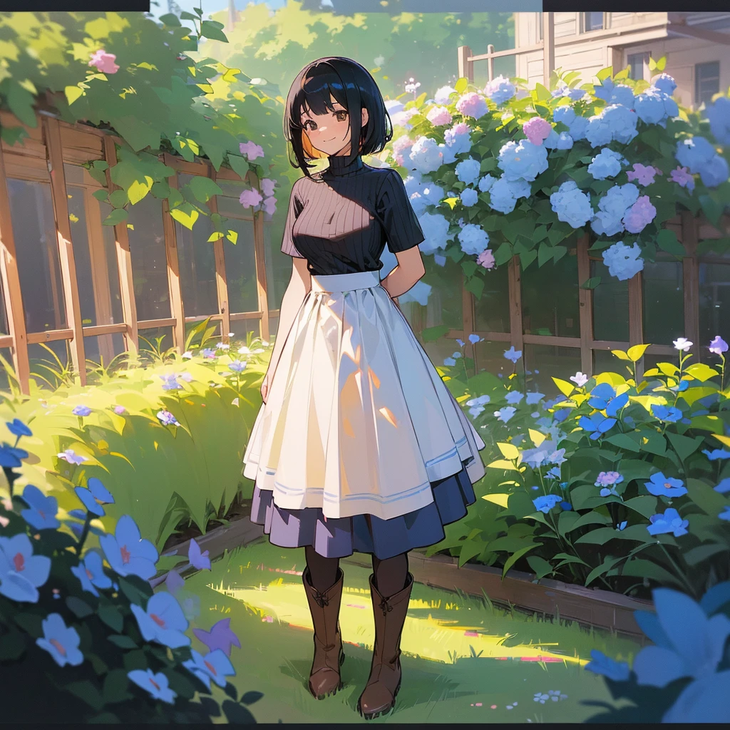 (high quality, High resolution, Very detailed, reality:1.37), Peaceful atmosphere, (Outdoor, garden), Teenage girl standing alone, (my breasts are big.), Beautiful details, Cute Smile, (Black bob hair), Short sleeve ribbed sweater, Blue Skirt, Black tights, Brown boots.