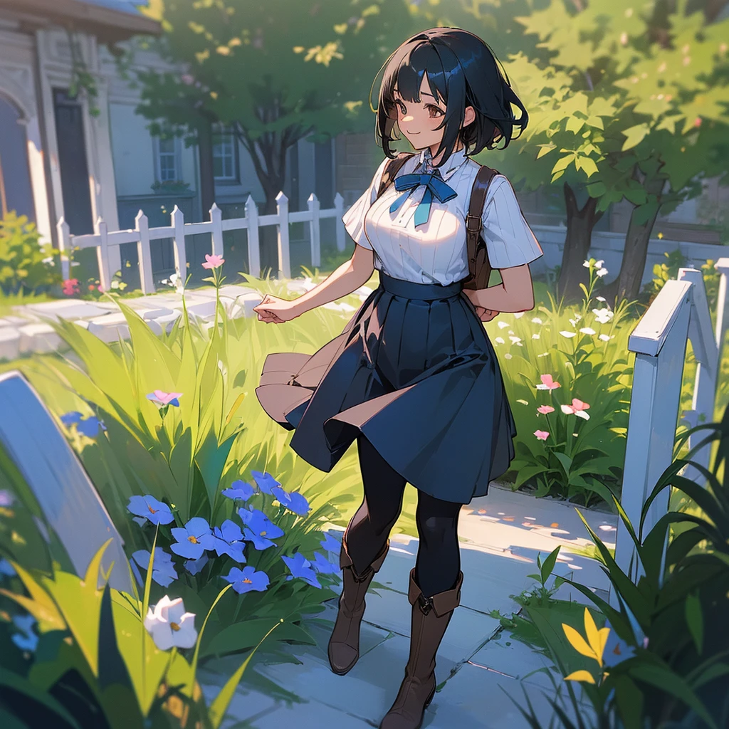 (high quality, High resolution, Very detailed, reality:1.37), Peaceful atmosphere, (Outdoor, garden), Teenage girl standing alone, (my breasts are big.), Beautiful details, Cute Smile, (Black bob hair), Short sleeve ribbed sweater, Blue Skirt, Black tights, Brown boots.