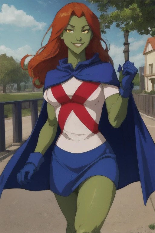 8k,highres,absurdres,masterpiece,best quality,original,extremely detailed CG,extremely detailed wallpaper,perfect, MissMartianYJ, girl1, solo, orange eyes, green skin, hair, White shirt, red X logo, blue gloves, blue cape, long cape, short sleeves, blue skirt, smile. Park