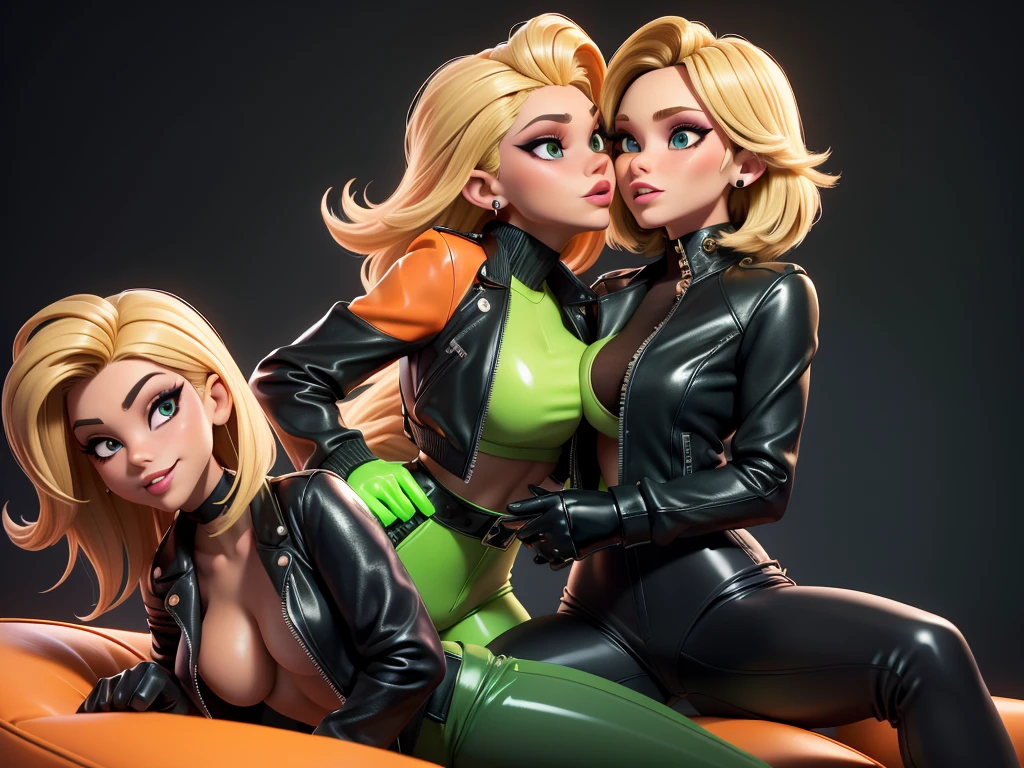 obra prima, melhor qualidade, ((barbra streisaand, blonde bob hair)) head back, sassy wicked, open mouth, big teeth smile, thick smoky black eye shadow, long fake eyelashes, sultry eyes, ((dark orange leather biker jacket,)) biker jacket has stiff collar, leather blouse, ((neon green pvc skinny pants,)) studs zippers snaps, shiny leather gloves, nip slip, body is skinny, laying down hugging each other on sofa, shiny tight buttocks, arched back, mashing breasts, (passionate kissing,) camera view of whole body, looking up at me, shallow depth of field, highres, HD, 8k, anatomically correct