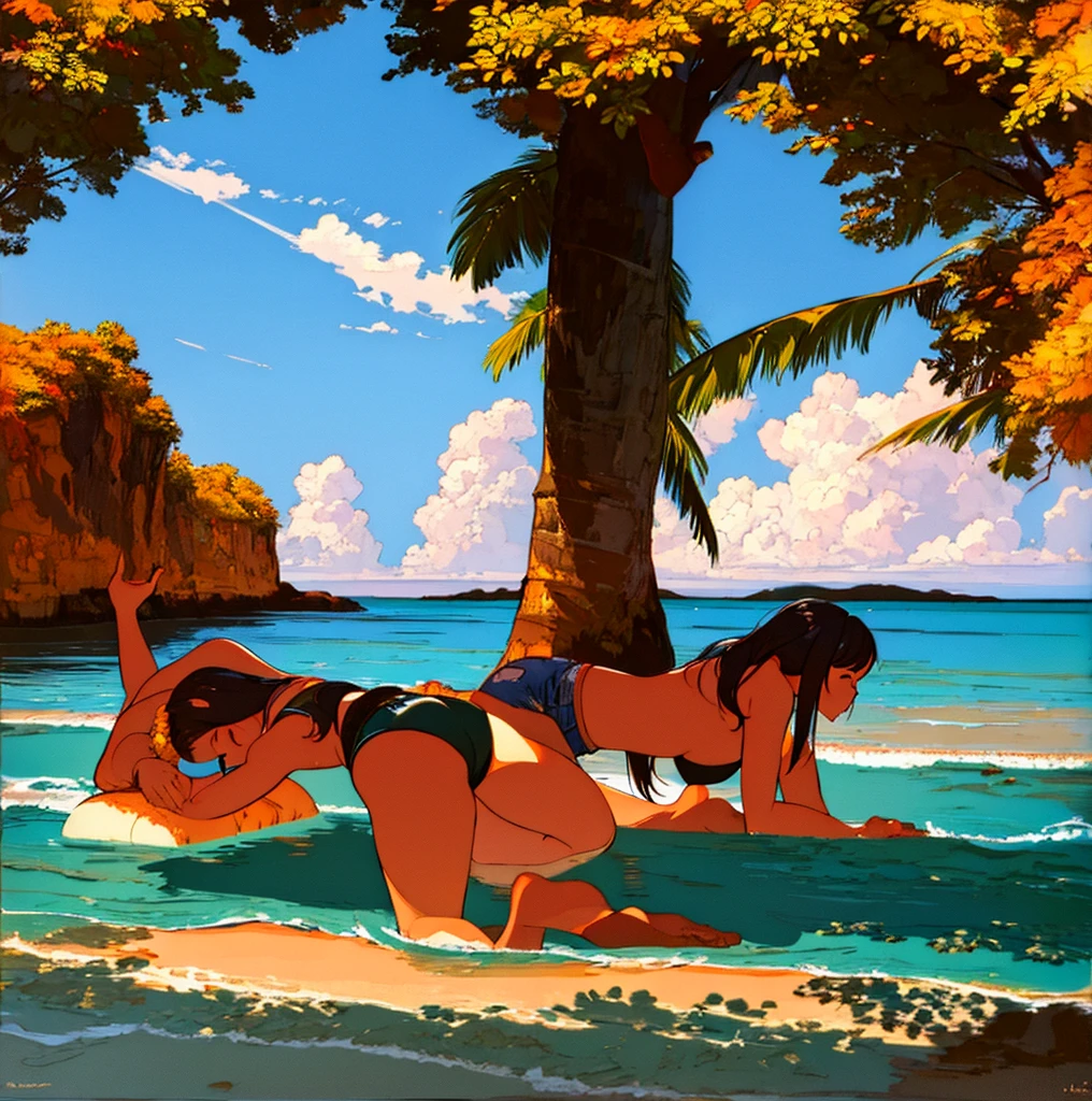 A bikini girl on all fours, in the style of classic oil painting, realistic details, soft brushstrokes, warm color palette, serene expression, --s 120