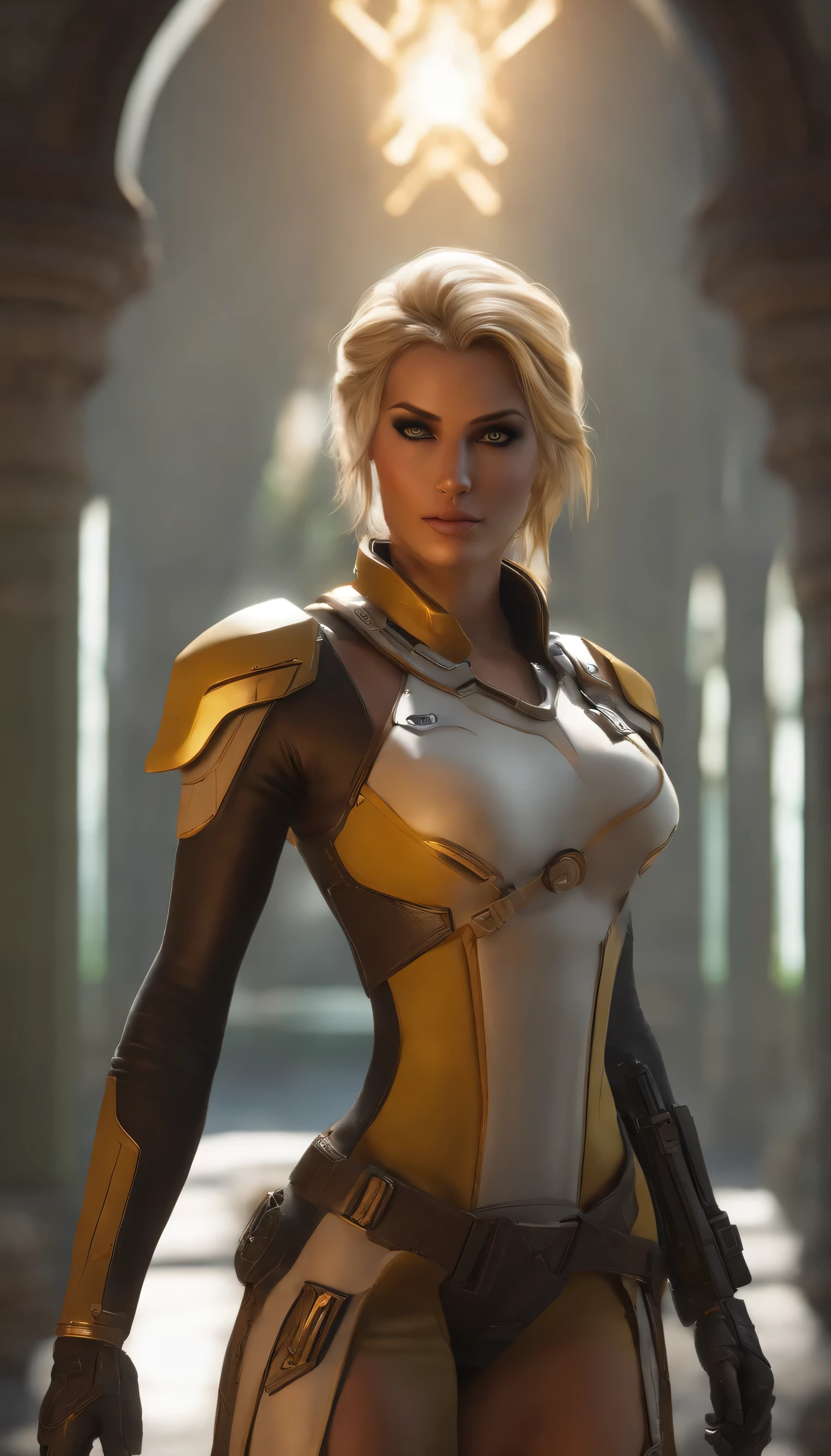 best qualityer, work of art, eye reflection, best qualityer, work of art, mercy eye reflection, standing alone, perfect sculptural body, blond,Overwatch mercy style hairstyle, greeneyes, two arms, clothes with tomb raider style neckline, utilitarian belt, standing alone, Command Room, 8K, work of art, high resolution, absurderes, natural volumetric lighting and better shadows, deep depth of field, sharp focus, naughty face, super tasty, medium breasts, warhammer 40k elements, Hyper-detailed scenario, goddess  