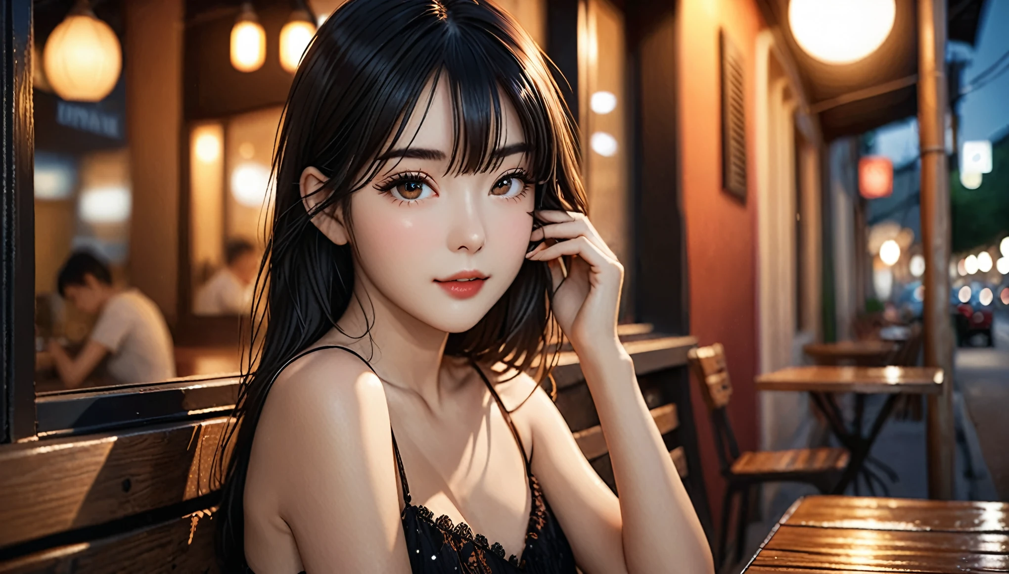 a girl，cute and pretty face，Long straight black hair，Long bangs covering eyes，long eyelashes，(Fine eyes)，small eyes，(half-closed eyes)，(Dark lipstick)，(Dark eyeshadow)，Slim body，Medium breasts，Slender limbs，spaghetti strap dress，outside an old town coffee café，night，clean focus，shallow Depth of Field，Ultra-detailed faces，very beautiful face，soft skin，Extremely high texture skin，Look to viewer，little smirk，beautiful legs，seductive，femainine pose，cinematic lighting，soft lighting，(realistic ，realistic-photo，RAW photo，8K original)，lens flare，film grain，artistic photography，UHD，highres，masterpiece，retina，