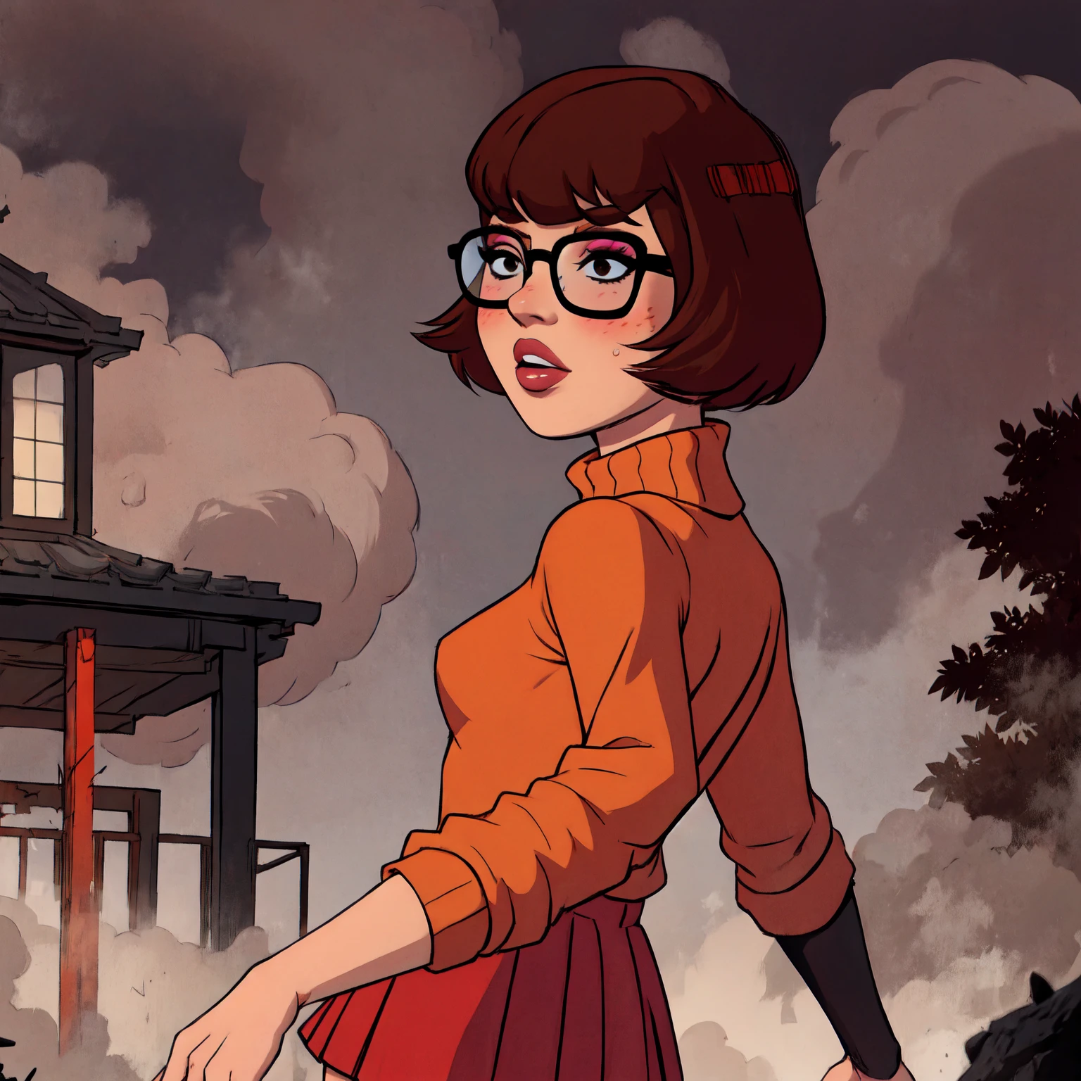 1girl, Velma from scooby-doo, solo, skinny, brown hair, black eyes, square glasses, orange turtleneck blouse and red skirt,  eyeliner, looking at viewer, lips, black bob cut, blunt bangs, blush, standing, upper body, face focus, outdoors, horror \(theme\), night, fog egirlmakeup, backwards, looking back,  van car