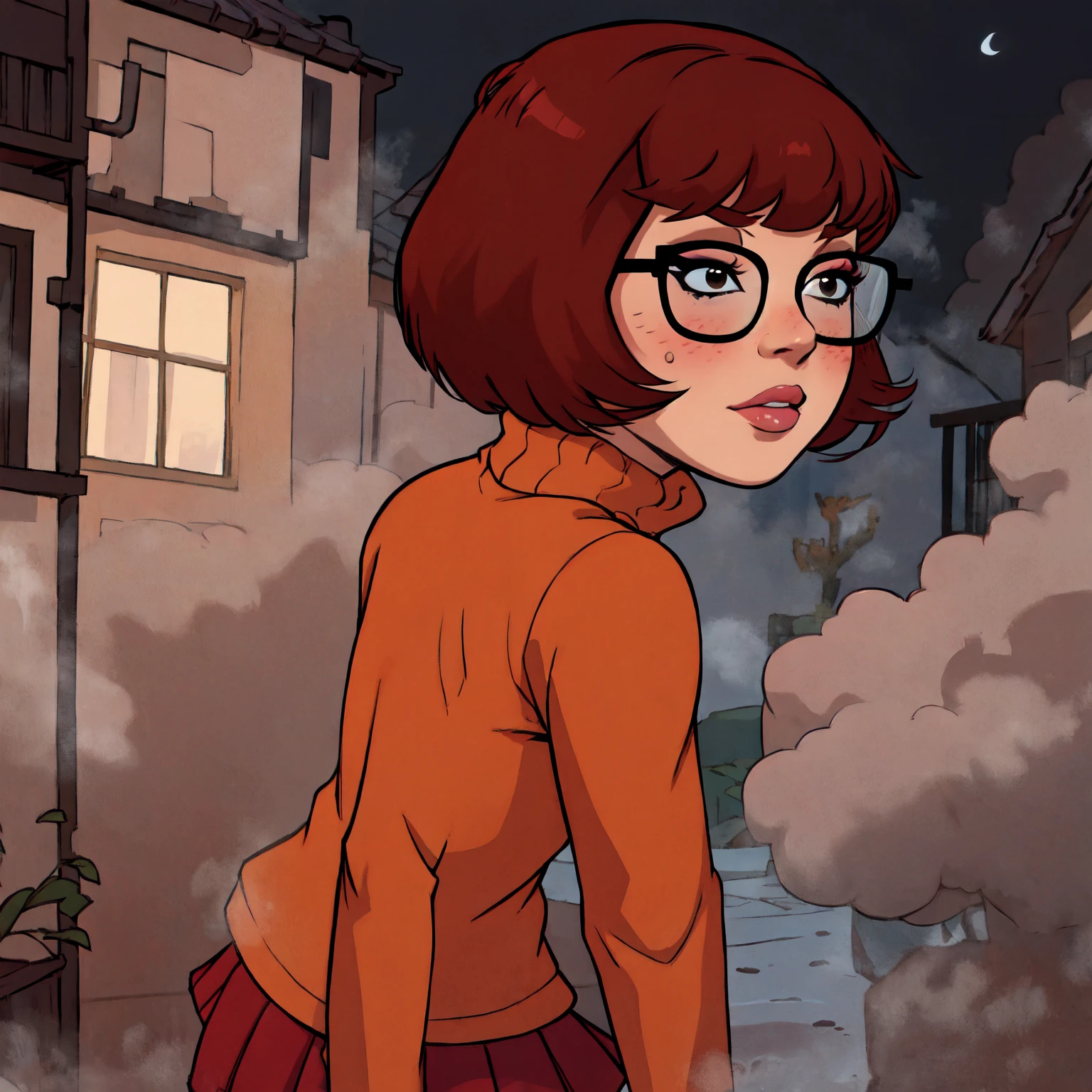 1girl, Velma from scooby-doo, solo, skinny, brown hair, black eyes, square glasses, orange turtleneck blouse and red skirt,  eyeliner, looking at viewer, lips, black bob cut, blunt bangs, blush, standing, upper body, face focus, outdoors, horror \(theme\), night, fog egirlmakeup, backwards, looking back,  van car