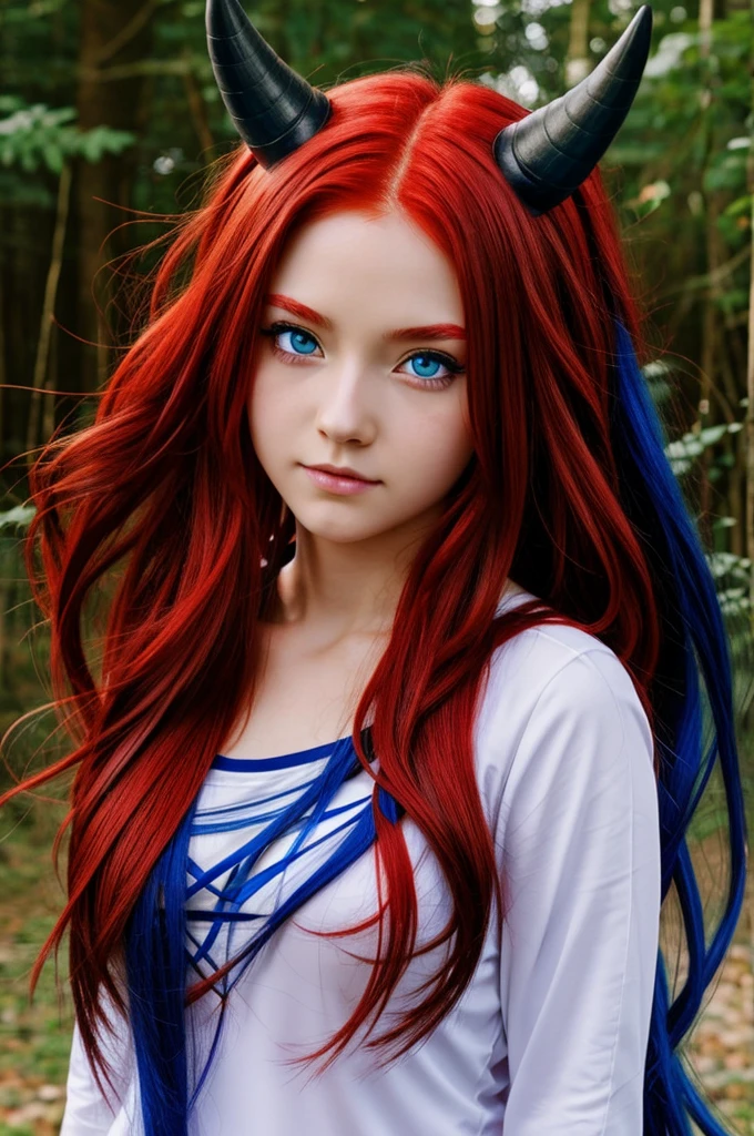 Anime girl with red long hair with blue eyes and red eyes with red and blue horns