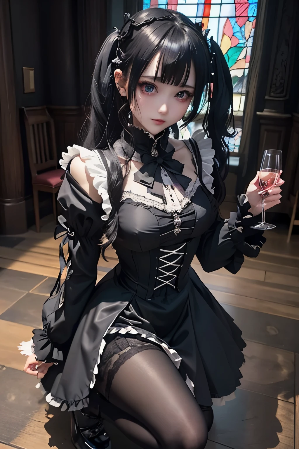 Hard Dark Gothic Makeup、Black dark eyeshadow、sad、Good skin radiance、Dark Gothicメイク、Dark smile、palace、The beauty of fragrance、24-years-old、Expression of intense sexual pleasure、Embarrassed look、Dark Gothic、Highest quality、Expression of sexual pleasure amid suffering、Drunk face、紫のMaid clothes、Mysterious、Noble、The face of someone holding it in the toilet、sexy、Loving smile、Twin tail hair、Right blue eye, Left eye is red、Super tempting pose、Platform Heel Shoes、Heavy makeup、Gothic Lolita clothes、Silver Hair、Long Hair Straight Hair、Cute Gothic Lolita Dress、Beautiful Face、elegant features、Attractive face、Stained glass is the background、Chest glistening with sweat、The room is dark、goth long dress、Bell Sleeves、Wizard Sleeve、Decadent look、Sexually excited expression、Glossy thighs wet with water、Thighs that are wet and shiny with oil、Background of a room full of roses、sad expression、Rose Maiden、The embroidery is pink、The dress has pink embroidery.、Thigh-high socks、Knee-high socks、Gentle expression、Dark black eyeshadow、Stained glass and rose background、thighs are a little thin、Female Duo、Female couple、dark church background、Stained glass、Black metal world、Dark Castle、Dark Room、Slender body、gothic long dress、Victorian dress、Her thighs are shining with sweat、My body is wet and shiny、Lots of glitter on the thighs、sweating、My thighs are sticky from sweating、Sweat glistening on my thighs, The whole body is sweaty and shiny、I sweated a lot.、My thighs are sweaty、My thighs are wet、My thighs are shining with sweat、A lot of sweat glistening all over the body、Small breasts、upright、Are standing、Hold the wine in your right hand、Hold the lantern in your left hand、pantyhose、Dynamic Angle、Looking down on opponent、